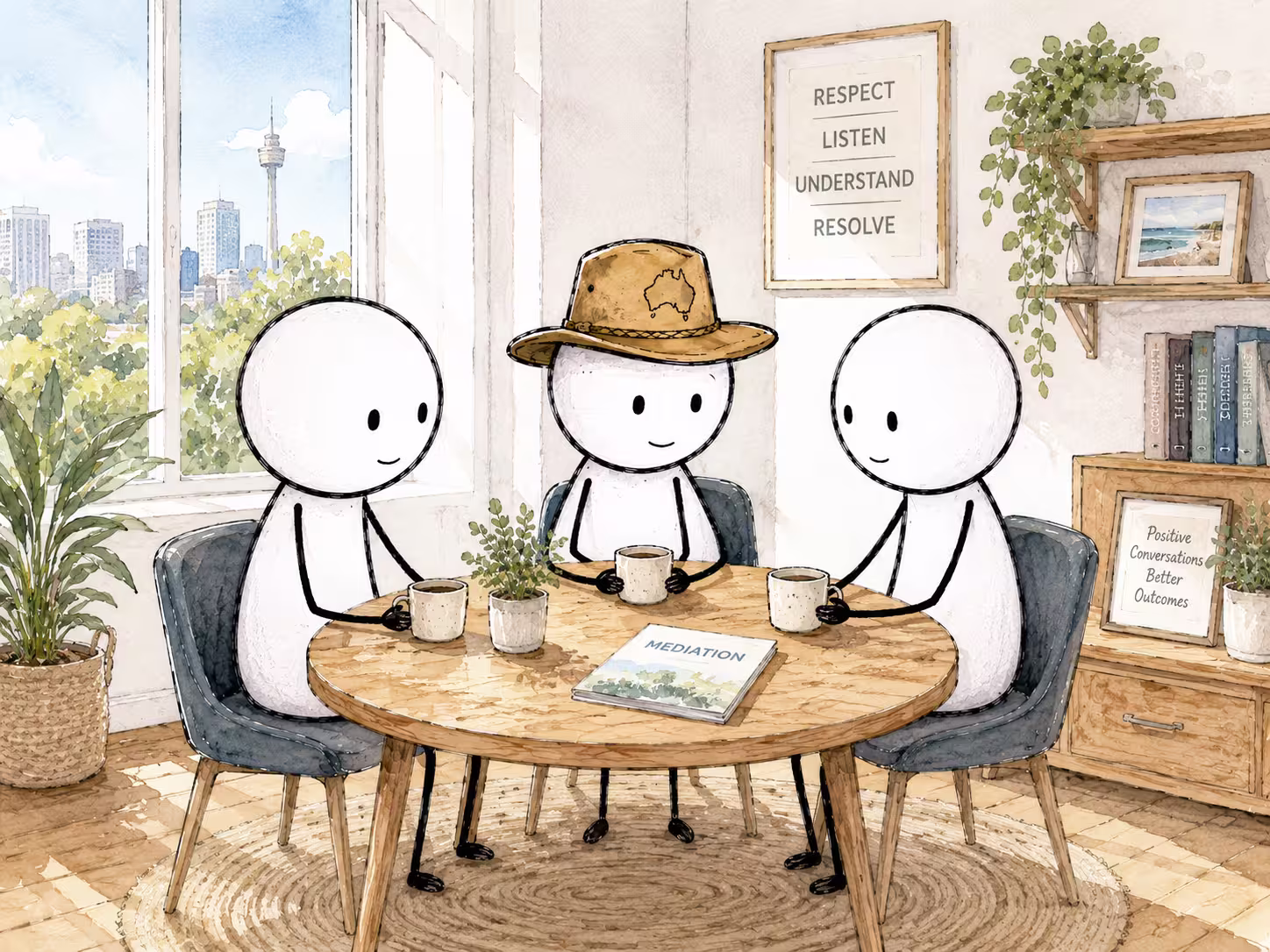 Two people seated at a table with an independent mediator facilitating a family dispute resolution session.