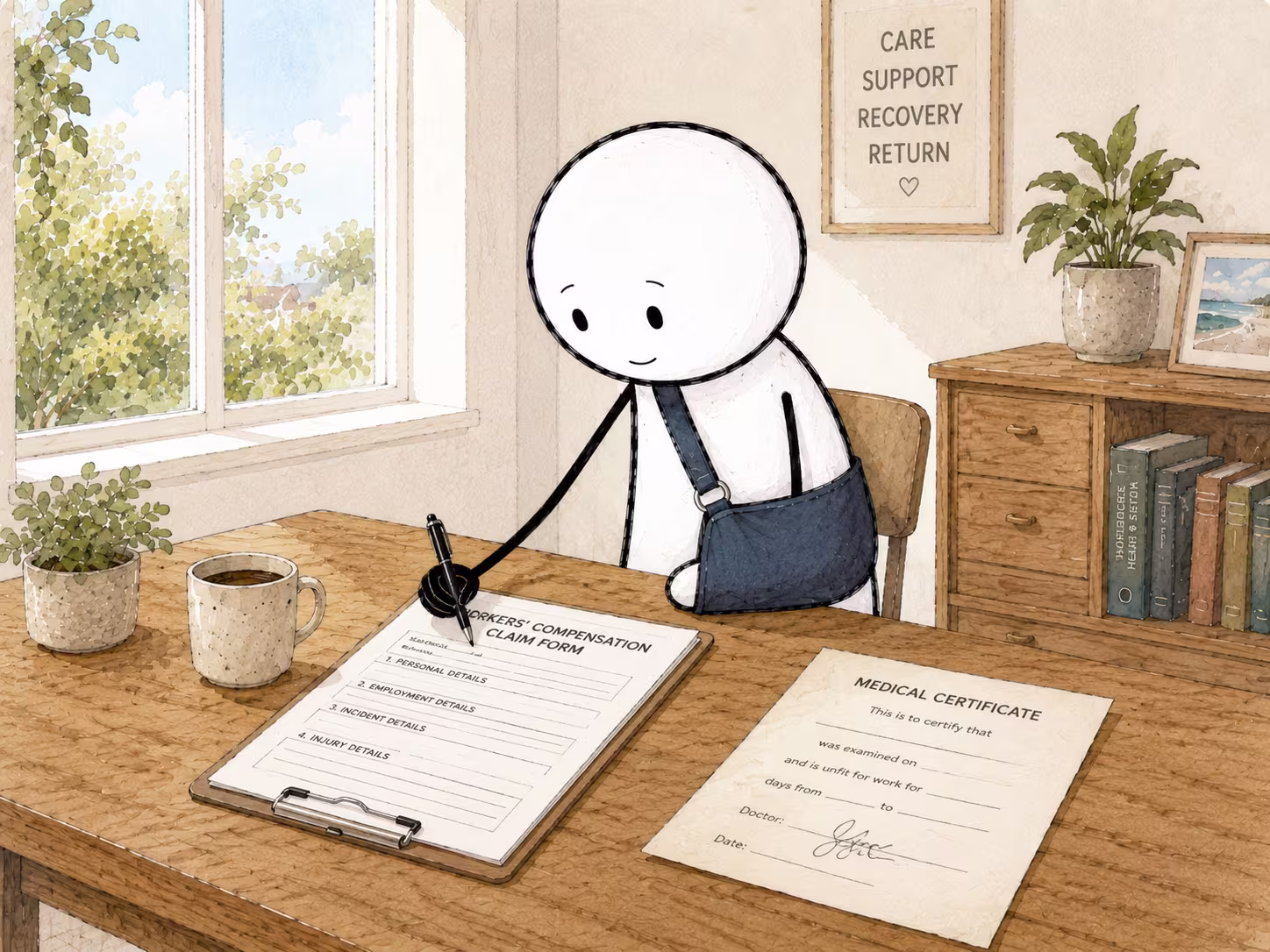 An injured worker completing a workers' compensation claim form with a certificate of capacity from their doctor